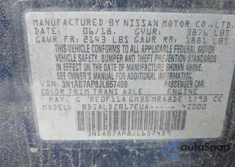 2018 Nissan Sentra Sv из США, поврежденный, VIN 3N1AB7AP8JL657459